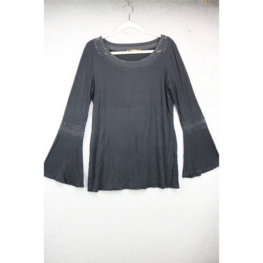 Belldini Black Long Bell Sleeves Studded Mesh Top-Large-Goth-Boho